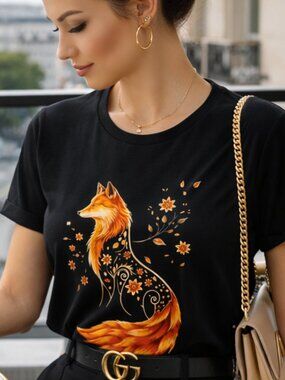 Floral Fox Graphic Tee – Artistic Cotton T-Shirt Black – Size [S/M/L/XL] NEW